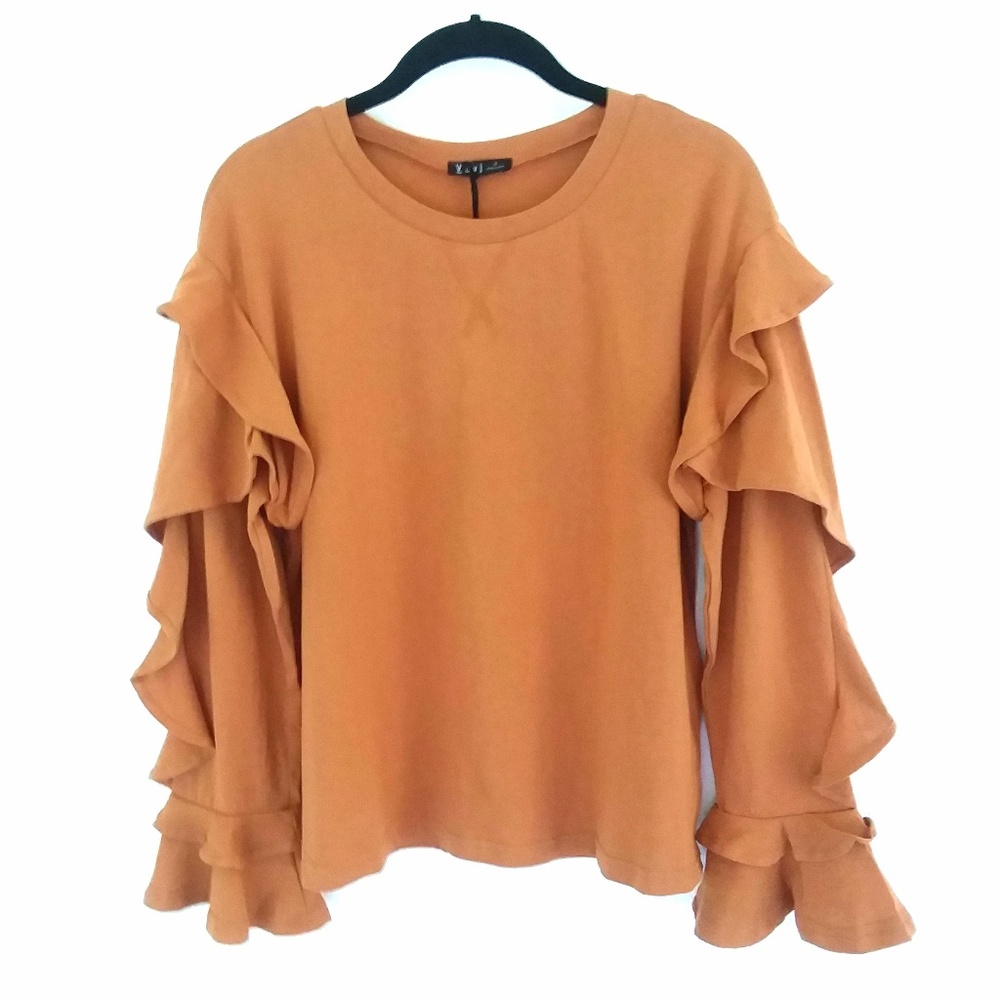 Ruffled Lightweight Knit Top Camel NWT - Picture 2 of 7